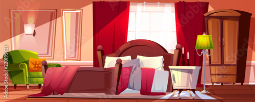 Morning bedroom in mess vector illustration of room interior Cartoon background with unmade bed in modern or retro apartment or hotel with pillows and blankets after night with open curtains.