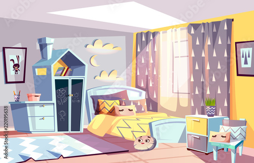 Kids room modern interior vector illustration of bedroom furniture in Scandinavian style. Cartoon cozy bed with blanket or toys on carpet and drawer with slat or chalkboard in Scandic design