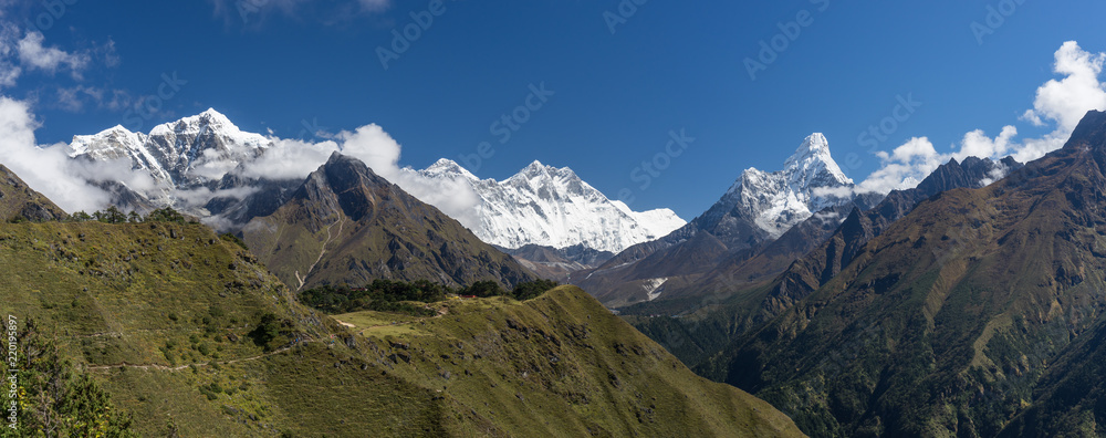 Panoramic view of Himalayas mountain including Everest, Lhotse, Taboche, Ama Dablam, Nepal
