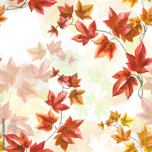 Autumn seamless pattern with ivy branch watercolor in hand drawn sketch style on blobs watercolor background