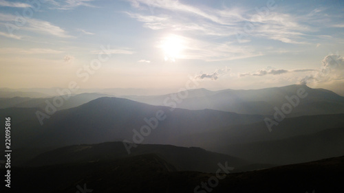 Sunset in the mountains with a bird's eye view