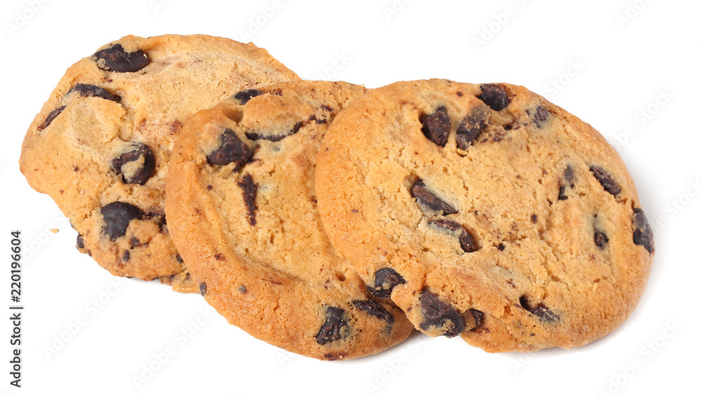 Chocolate chip cookies isolated on white background. Sweet biscuits. Homemade pastry. Chocolate chip cookies isolated on white background. Sweet biscuits. Homemade pastry.