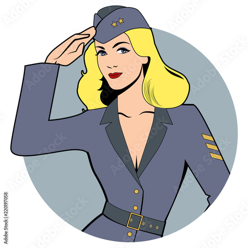 Army girl in retro comic style wearing soldiers uniform from the 40s or 50s doing military salute