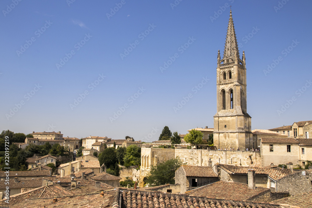 Saint-Emilion, France. Views of the monolithic church (eglise monolithe) of Saint-Emilion, carved from a limestone cliff, and its bell tower