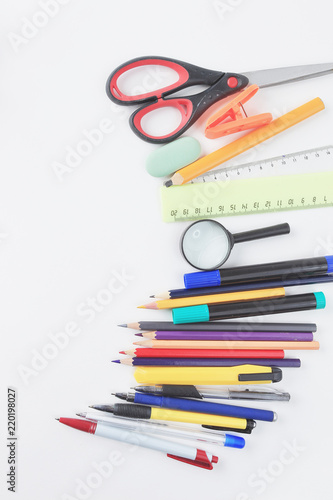 photo of school supplies and place for text on white background