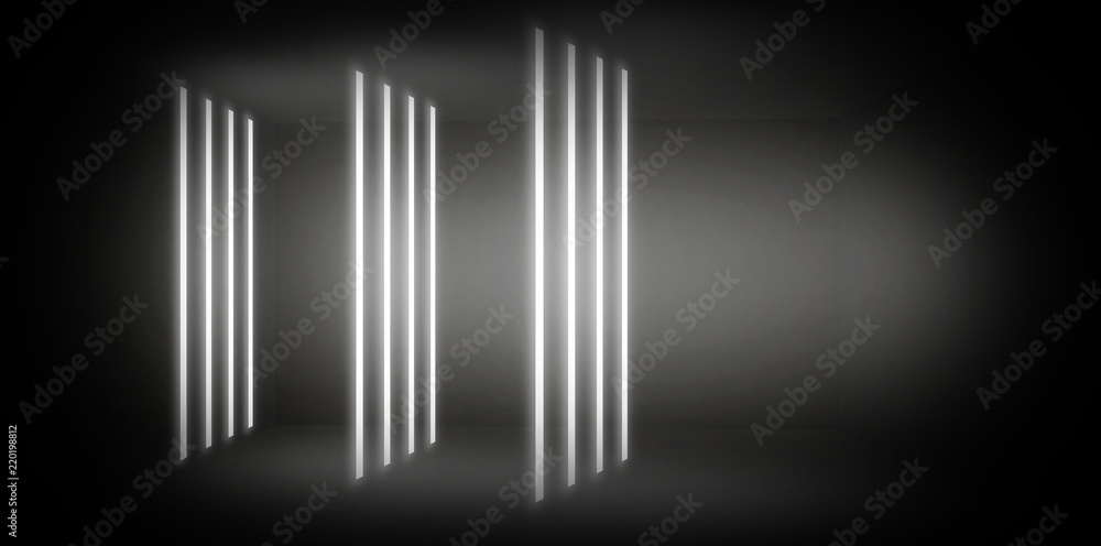 Fototapeta premium Background of an empty room at night with smoke and neon light. Dark abstract background. Background of an empty show scene. 3D rendering