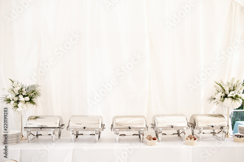 Many buffet trays ready for service. Breakfast at the hotel or buffet at the Banquet