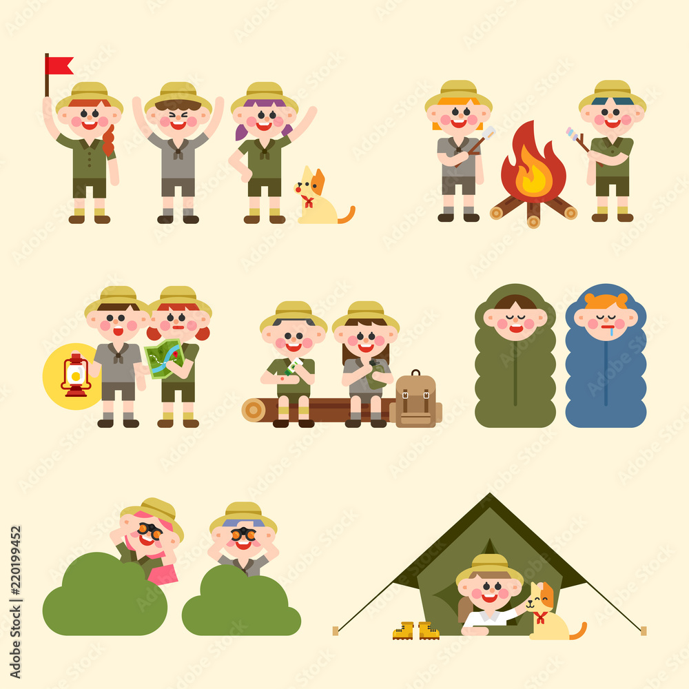 Cute characters doing various activities in camping. flat design style vector graphic illustration set