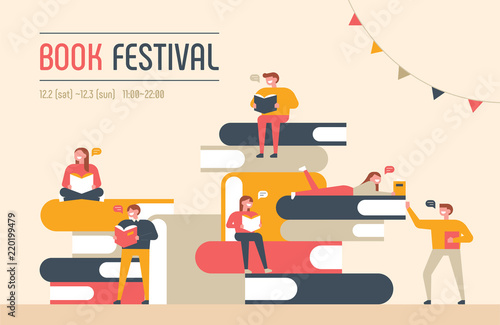 There are huge books piled up and people are reading on it. flat design style vector graphic illustration set