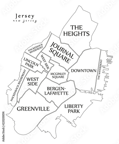 Modern City Map - Jersey New Jersey city of the USA with neighborhoods and titles outline map