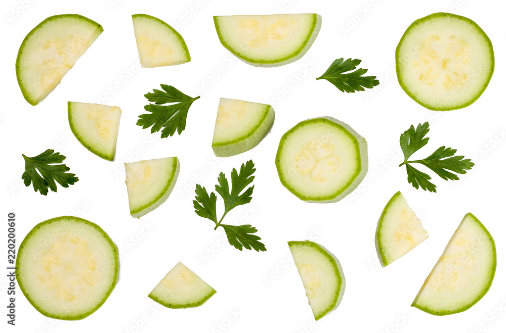 Sliced of zucchini isolated on white, top view. Sliced of zucchini isolated on white, top view.