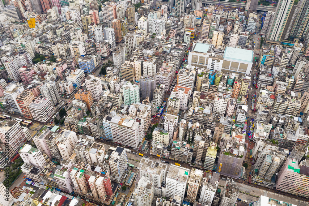 Fototapeta premium Top view of compct city in Hong Kong