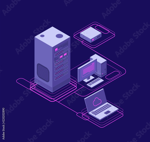 Computer synchronization, data network management. Isometric devices, networking servers. Cloud storage technology vector concept