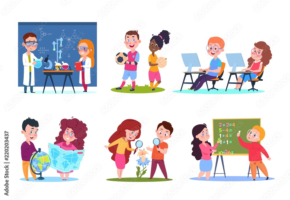 Kids in lessons. School children learning geography and chemistry, biology and math. Cartoon vector characters set Kids in lessons. School children learning geography and chemistry, biology and math. Cartoon vector characters set
