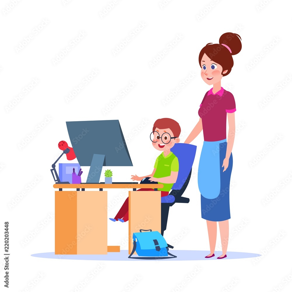 Mother and child at computer. Mom helping boy with homework. Cartoon school education vector concept Mother and child at computer. Mom helping boy with homework. Cartoon school education vector concept