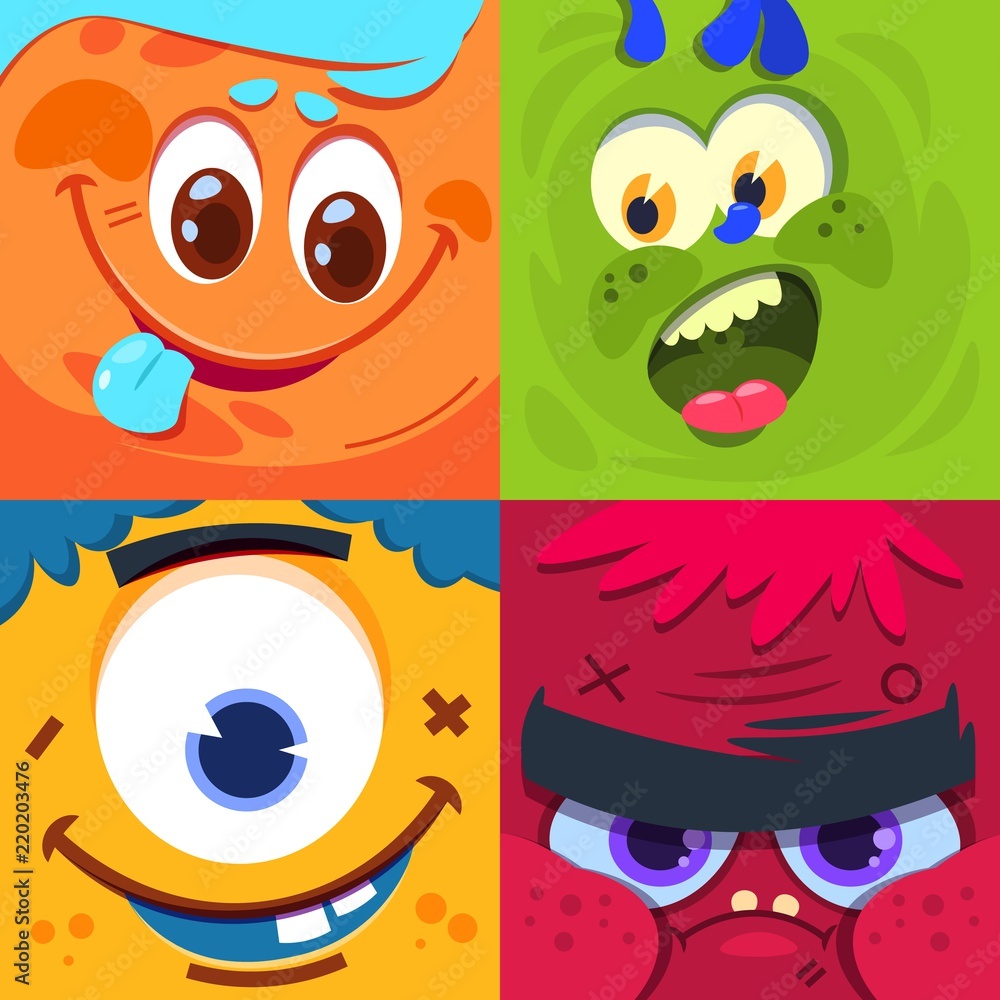 Cartoon monster faces. Scary carnival alien monsters masks. Vector characters set