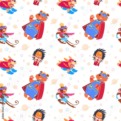 Superhero animals seamless pattern. Cartoon endless vector background