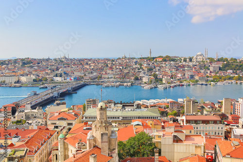 Istanbul panorama from Galata tower during summer sunny day. Istanbul, Turkey.