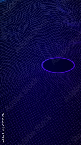 Abstract landscape on a blue background. Cyberspace grid. Mockup. Hi-tech network, technology. Vertical image orientation. 3D illustration