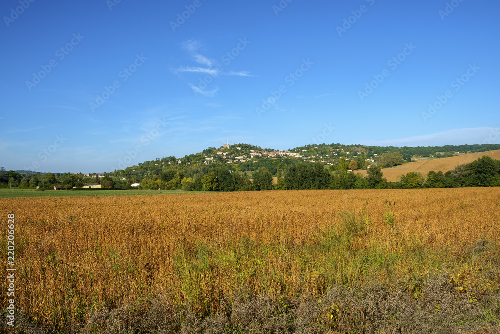 Φωτογραφία Fortified Penne d'Agenais and its hilltop Byzantine-Romanesque style Notre-Dame de Peyragude basilica with its silver dome oversses rural Agenais countryside in Lot et Garonne, France