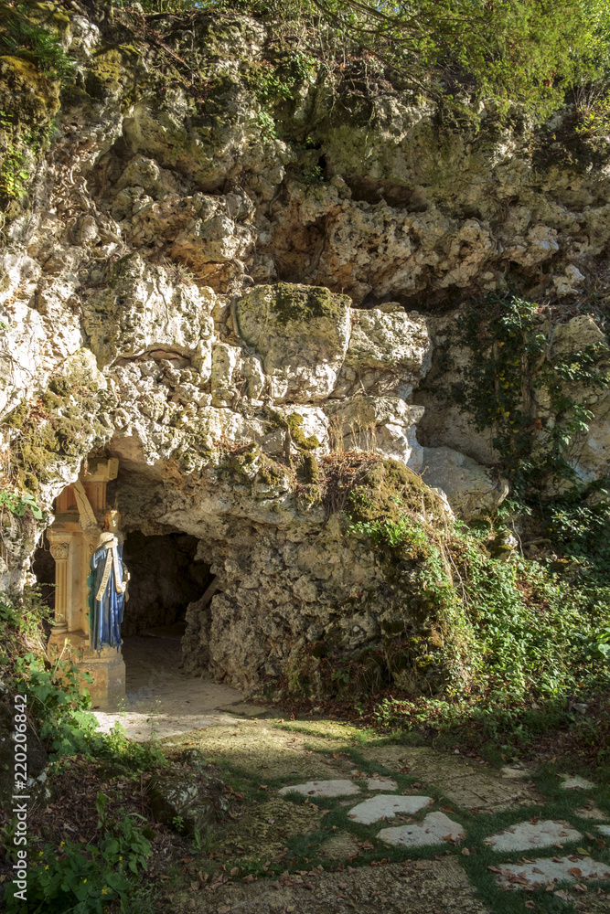 Caves and shrines around the hilltop church of Notre-Dame de Peyragude in Penne d'Agenais, Lot et Garonne, France. This hilltop church has extensive views.
