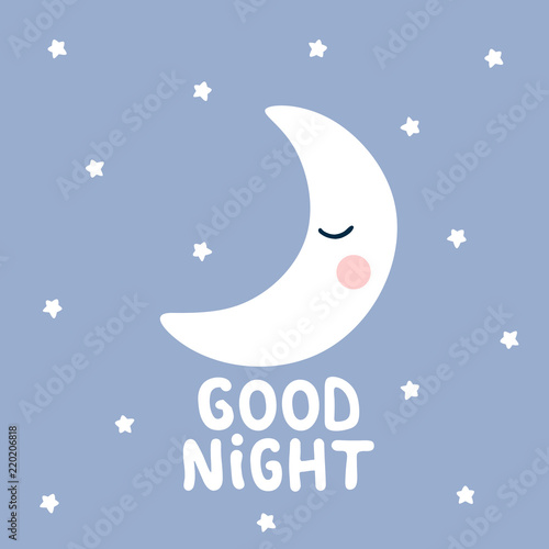 moon, stars with good night text. White handmade phrase on the night background. vector handdrawn lettering banner design.