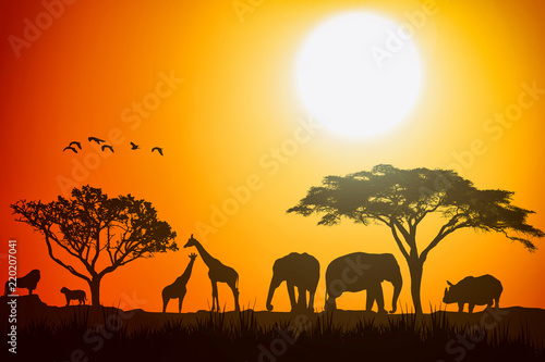 African landscape scene of safari animal savannah silhouette.