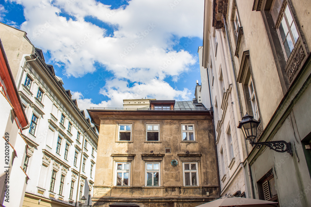 old european narrow street building facade