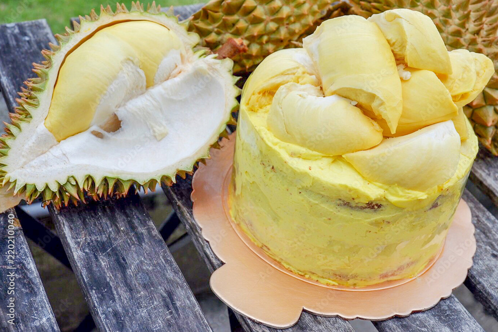 Durian cake and fresh yellow durian, Homemade Bakery in thailand, using