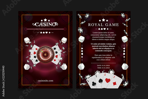 Casino background poster, flyer, Vip invitation poker game. Casino poster or banner background or flyer template. Playing Cards, dice, Chips. Game design concept. Playing casino games.