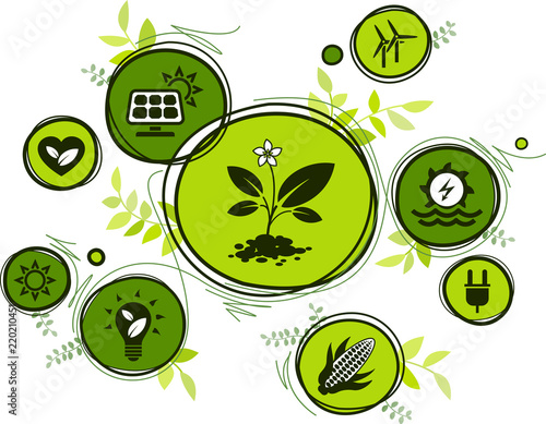 renewable & sustainable energy sources - water, solar, wind, biomass energy: vector illustration