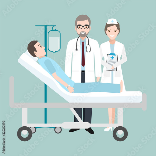 Doctor check Patient in bed hospital with a drop counter icon. Medicine concept