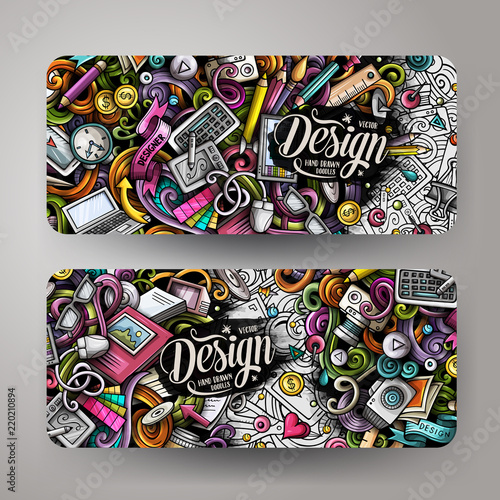Cartoon cute colorful vector hand drawn doodles Designer banners design