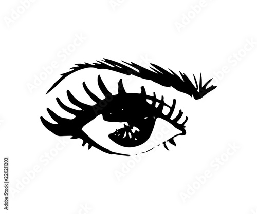 Illustration of hand-drawn woman s eye with shaped eyebrows and full lashes.