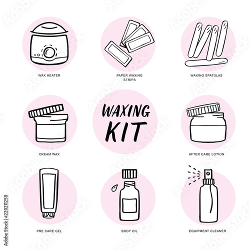 Handdrawn hair removal icons set. Waxing kit