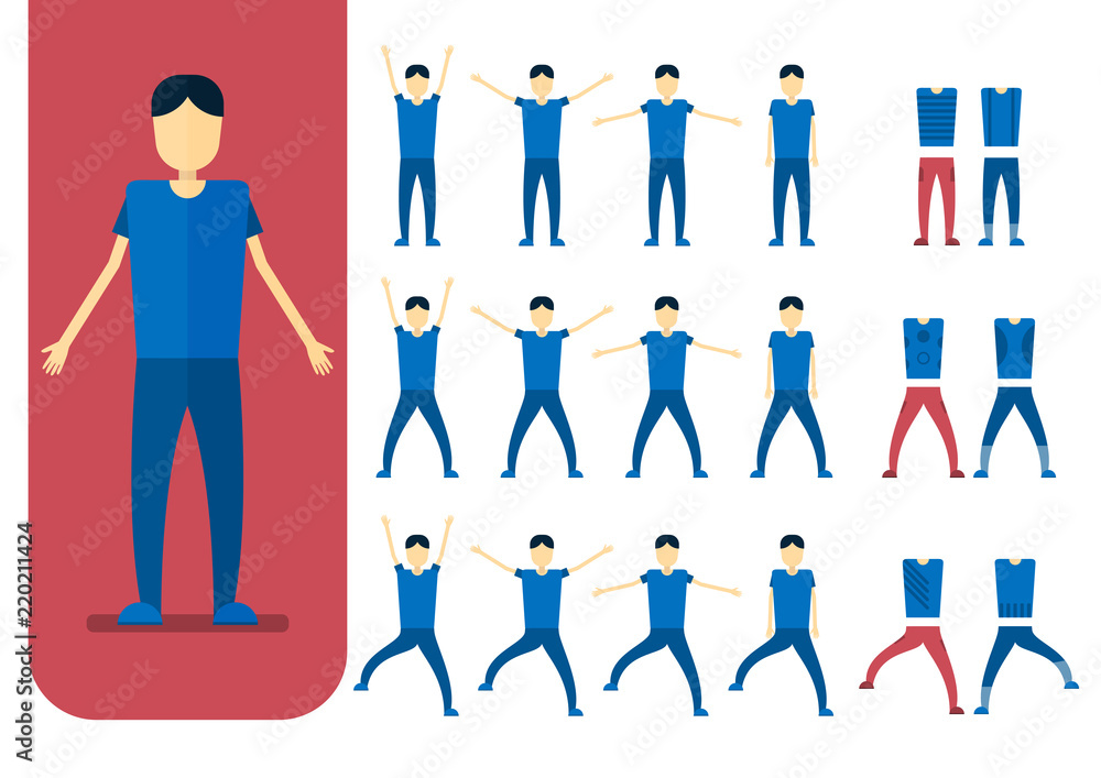Set of character design of person with blue shirt isolated on white background.