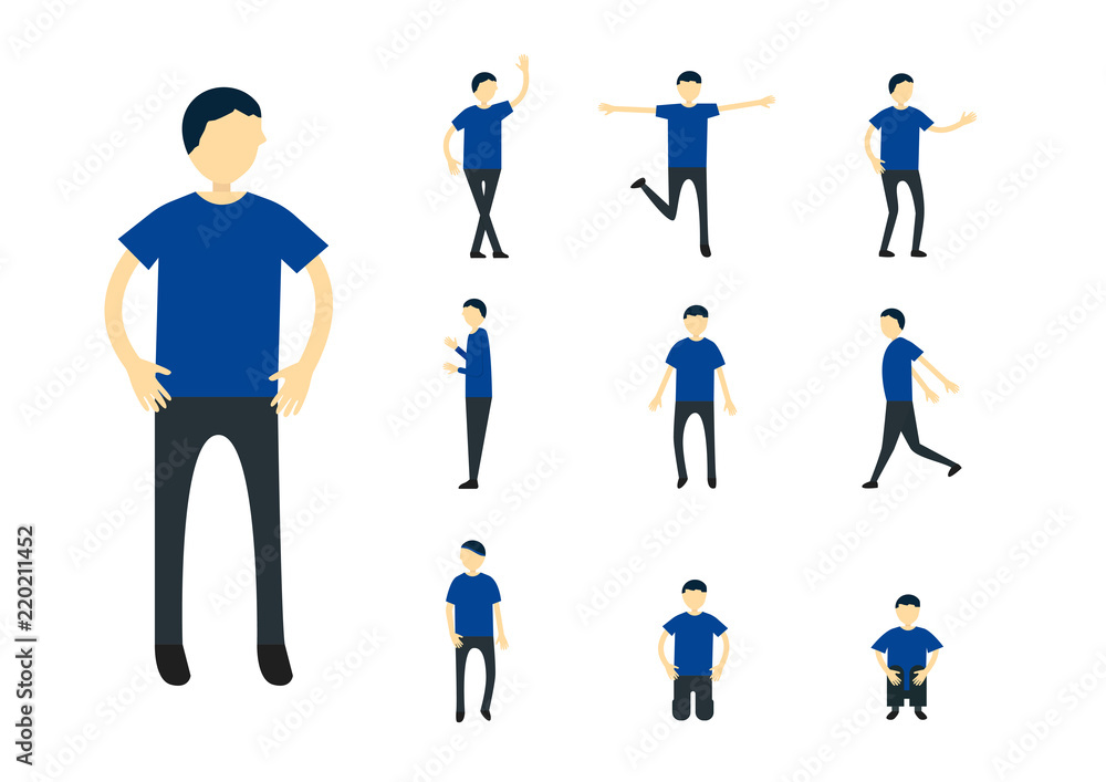 Set of character design of person with blue shirt isolated on white background. Set of character design of person with blue shirt isolated on white background.