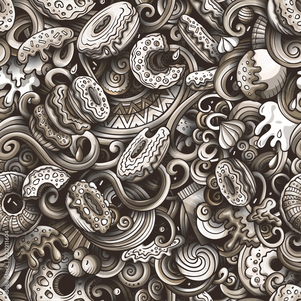 Cartoon cute doodles hand drawn Donuts seamless pattern