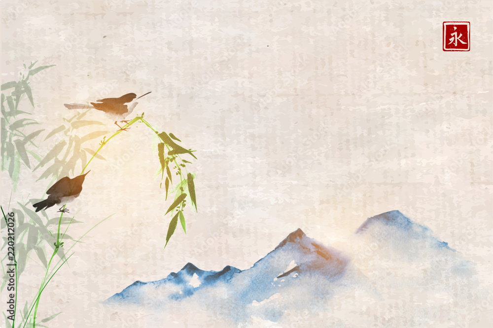 Ταπετσαρία Two little birds sitting on bamboo branch and distant bllue mountains