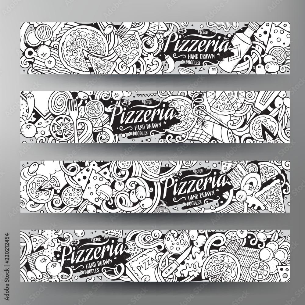 Cartoon cute contour vector hand drawn doodles Pizzeria banners - obrazy, fototapety, plakaty 