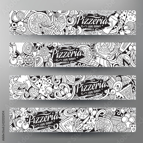 Cartoon cute contour vector hand drawn doodles Pizzeria banners