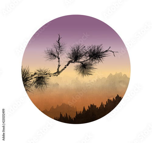 Landscape with mountains and pine tree branch at sunrise