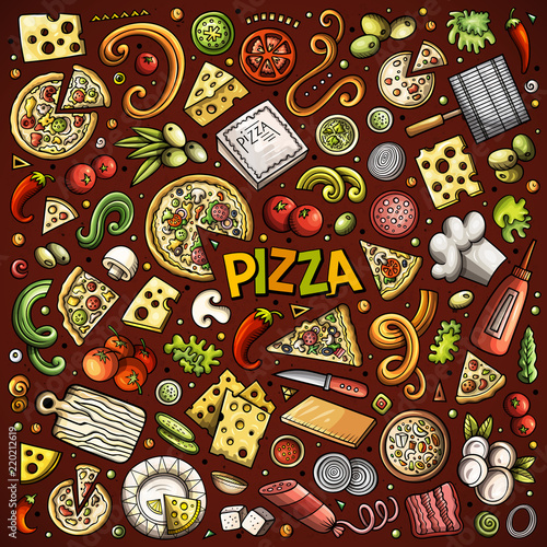 Vector cartoon set of Pizzeria objects and symbols