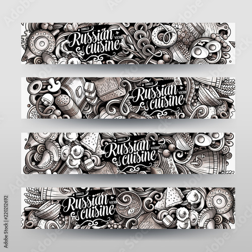 Cartoon graphics monochrome vector hand drawn doodles Russian food id cards design