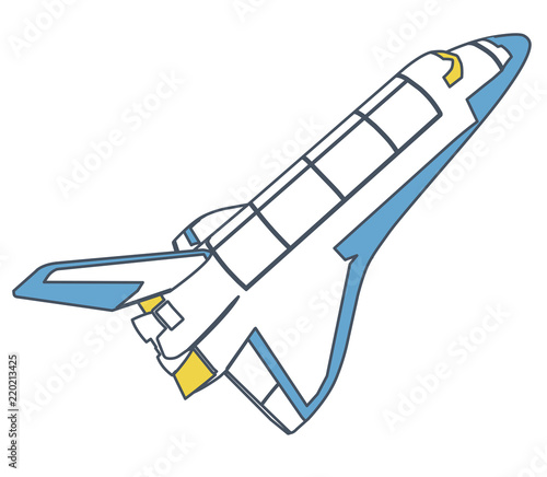 Outlined space shuttle, universe discovering. Yellow blue vector master illustration. Isolated flighting spaceshuttle, fuel tank, white background