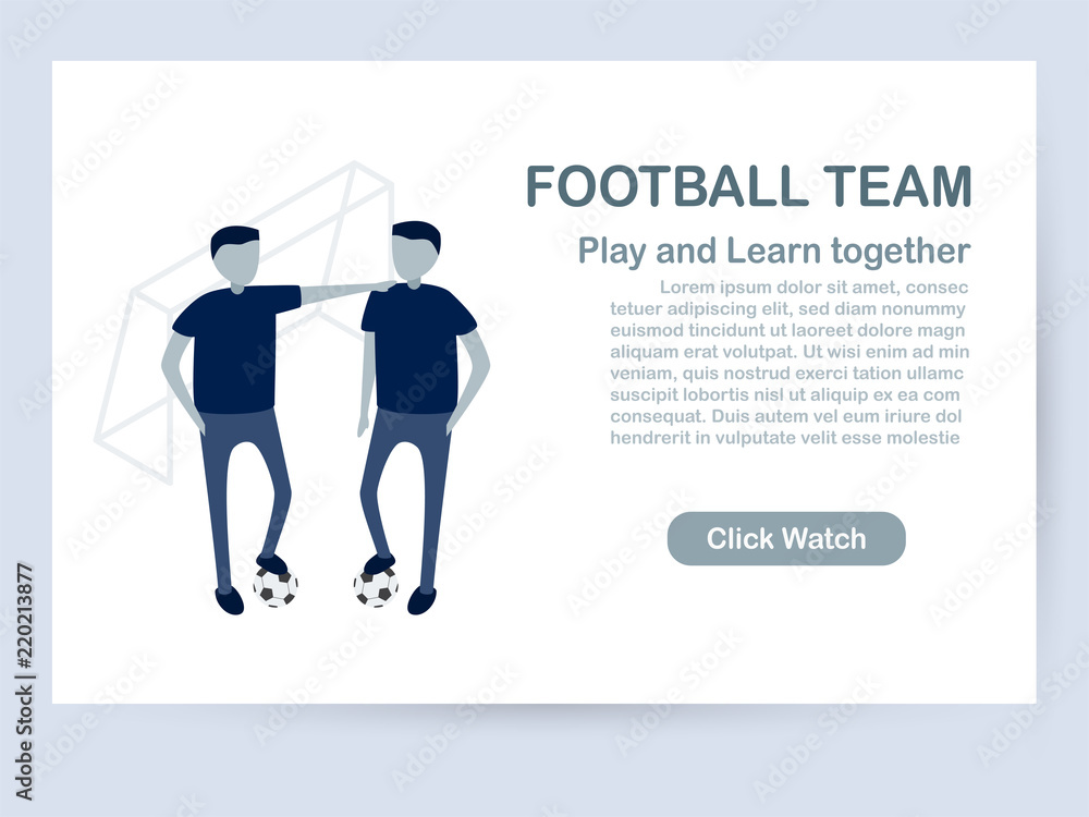 Website template design isolated on white background with copy space in blue tone. Vector illustration for UX/UI with character of soccer players.