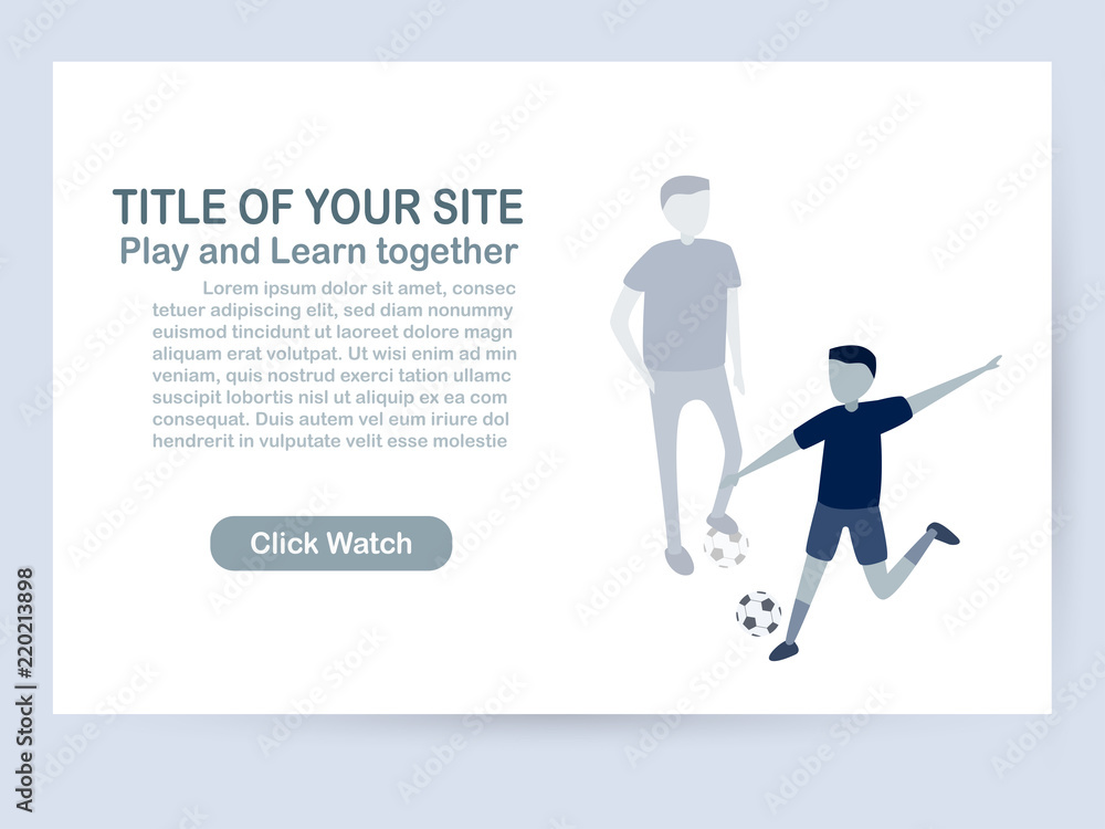 Website template design isolated on white background with copy space in blue tone. Vector illustration for UX/UI with character of soccer players.
