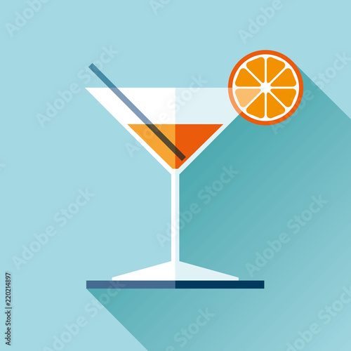 Glass for vermouth icon in flat style, wineglass on color background. Alcohol cocktail with lemon and straw. Vector design elements for you business project 