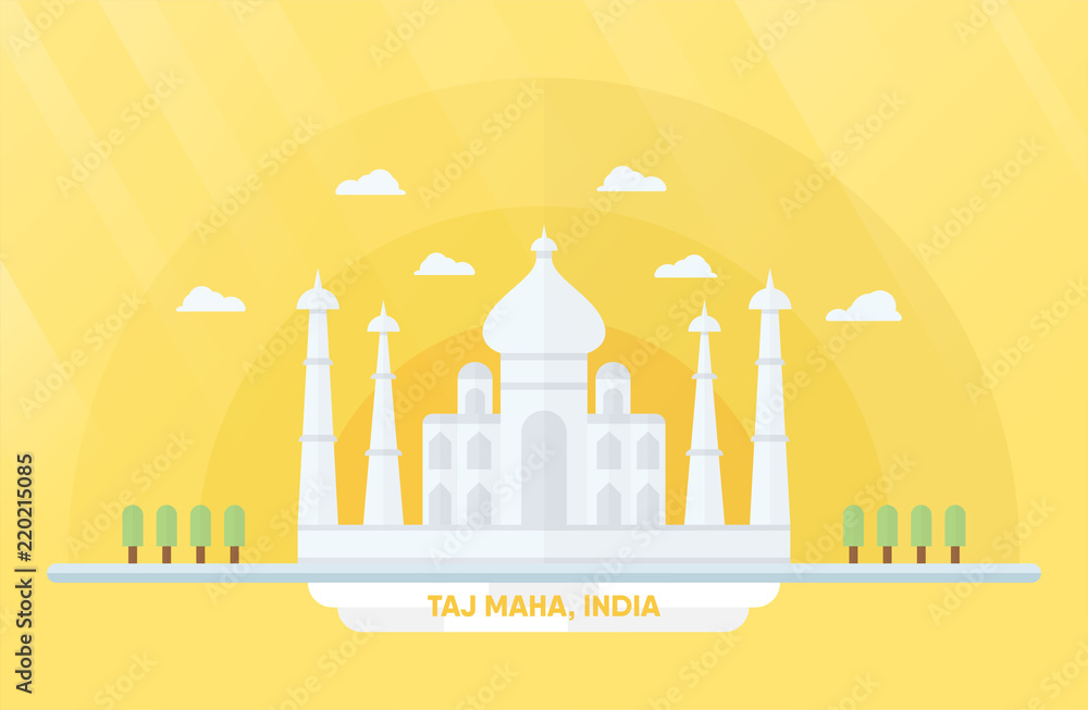 India landmarks for travelling with Taj mahal and trees. Vector illustration with copy space and flare of light on yellow and orange background.