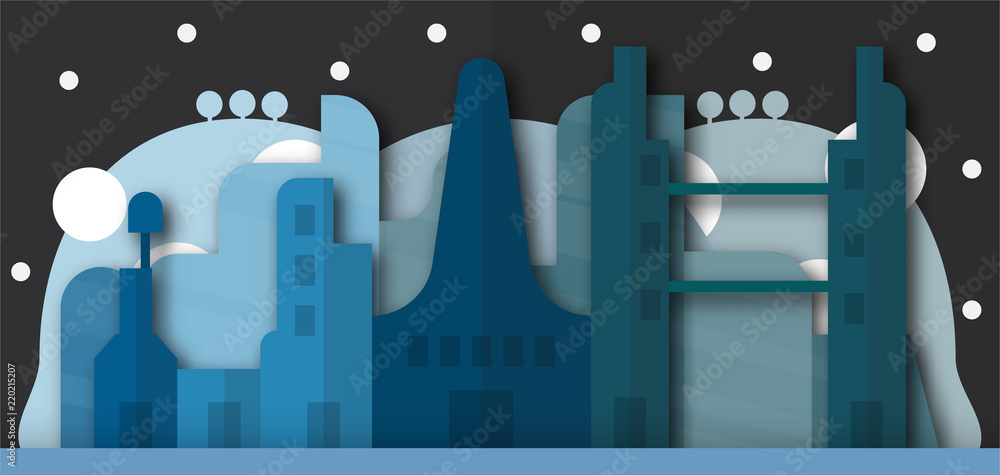Pop up design of urban buildings and future city at night. Vector illustration with flat style.